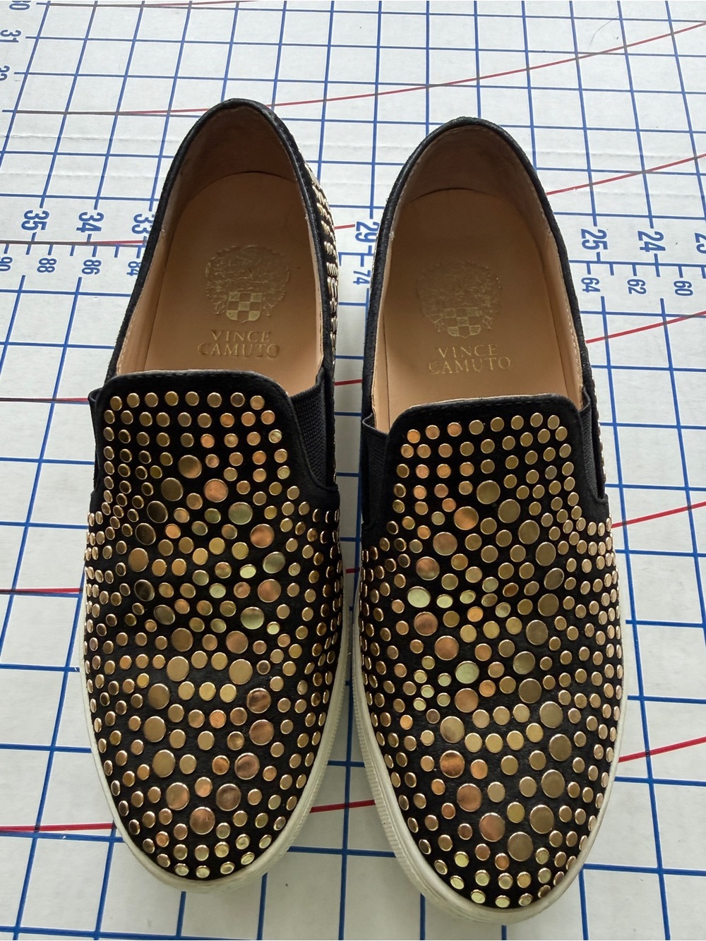 Vince Camuto Black Slip-On Loafers with Gold Stud Accents